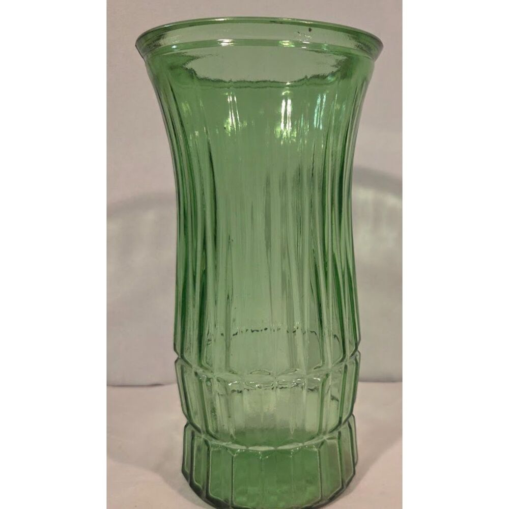 Vintage Brockway Green Glass Vase Ribbed USA Mid Century
